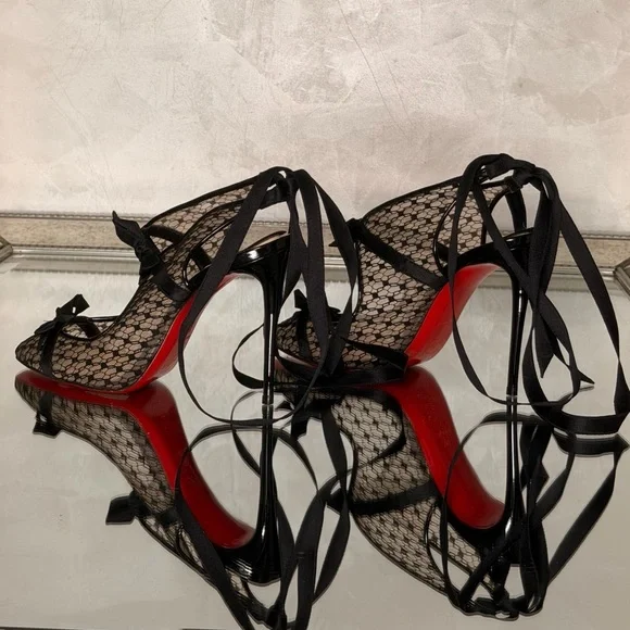 Christian Louboutin Black Lace Peep-Toe Ribbon Tie Pumps with Red Sole - Picture 5 of 9